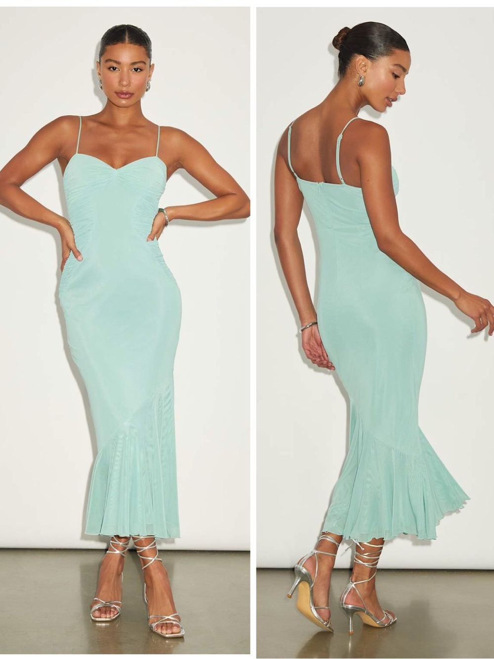 Lulus Giorgina Sage Mesh Gathered Trumpet Midi Dress Size Medium Cocktail Sexy